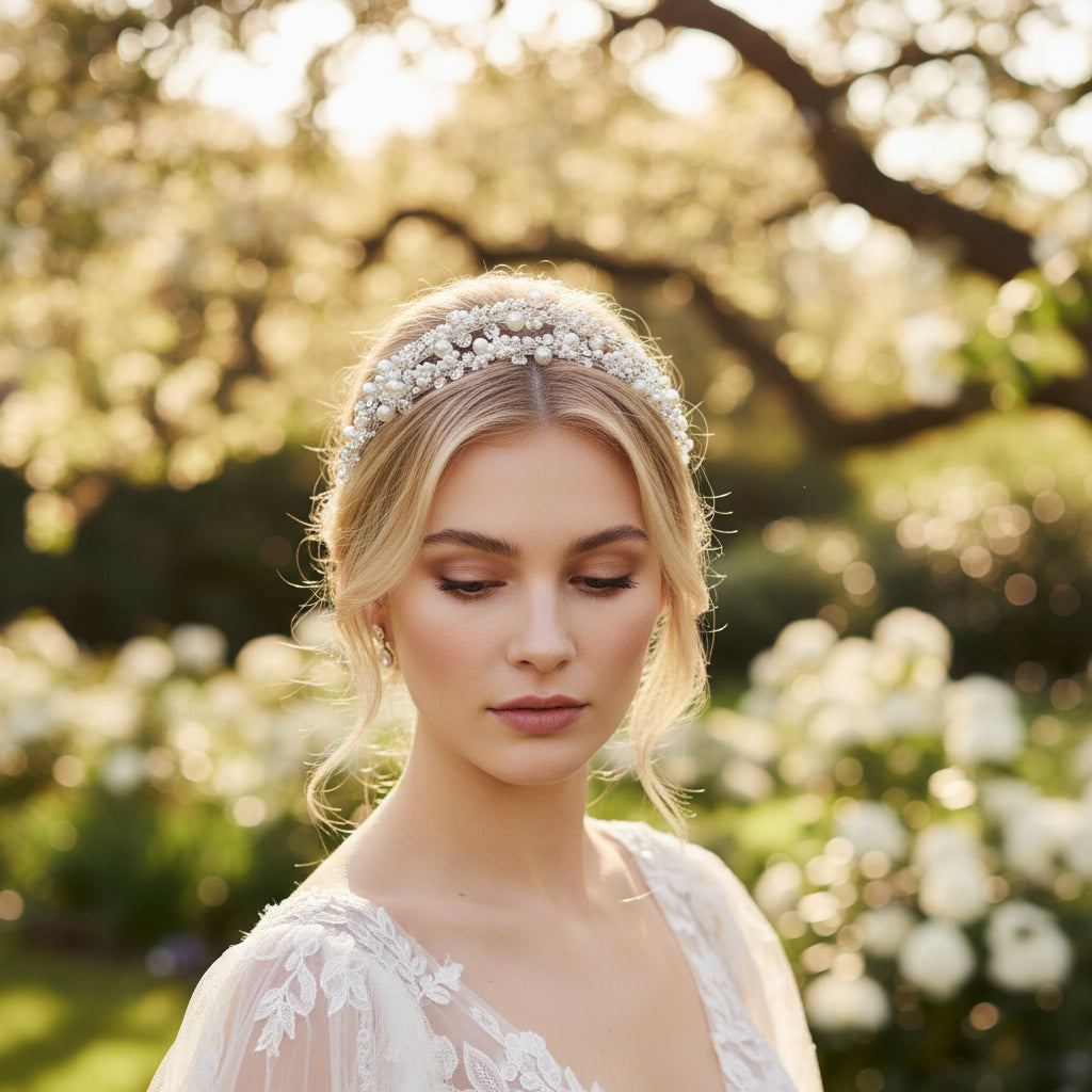 ATHENA COLLECTION - PEARL DOUBLE CLUSTER HEADBAND - SILVER AHB59