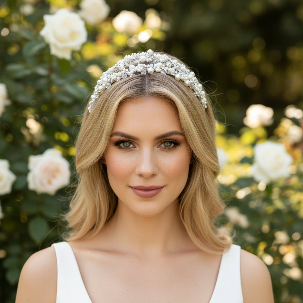 ATHENA COLLECTION - PEARL DOUBLE CLUSTER HEADBAND - SILVER AHB59