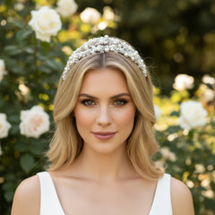 ATHENA COLLECTION - PEARL DOUBLE CLUSTER HEADBAND - SILVER AHB59
