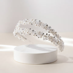 ATHENA COLLECTION - PEARL DOUBLE CLUSTER HEADBAND - SILVER AHB59