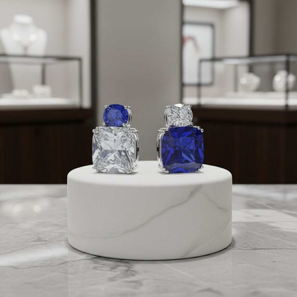 CUBIC ZIRCONIA COLLECTION - BEDAZZLE EARRINGS - CZER563 - ( SAPPHIRE)