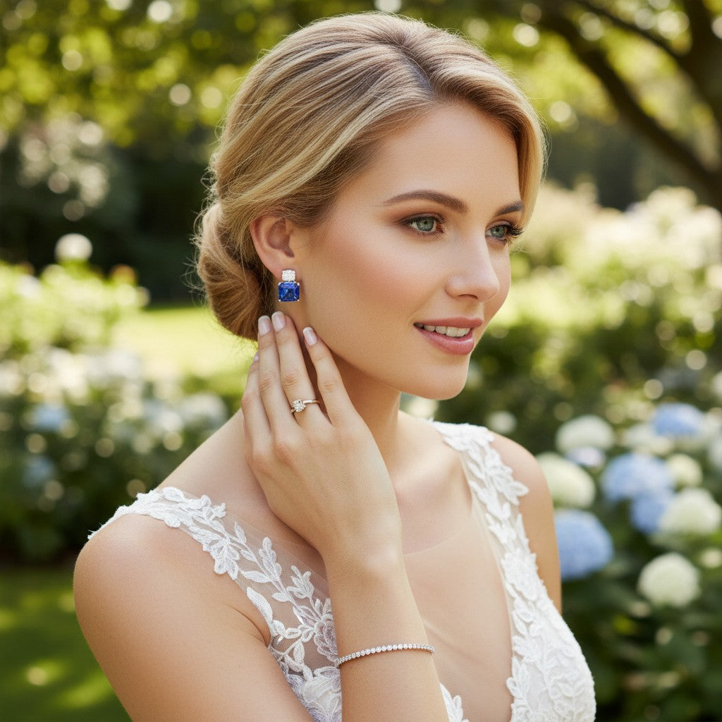CUBIC ZIRCONIA COLLECTION - BEDAZZLE EARRINGS - CZER563 - ( SAPPHIRE)