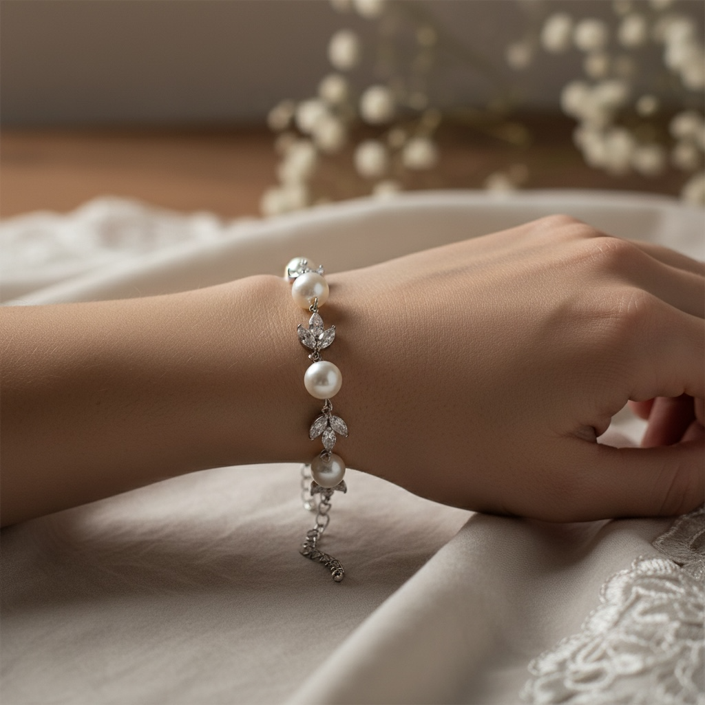 CUBIC ZIRCONIA COLECTION - SHIMMER  PEARL BRACELET - BR113 SILVER