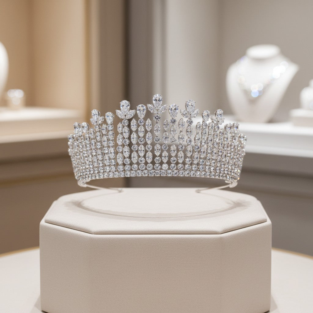 CUBIC ZIRCONIA COLLECTION - EXQUISITE REGAL TIARA - AHB126 SILVER