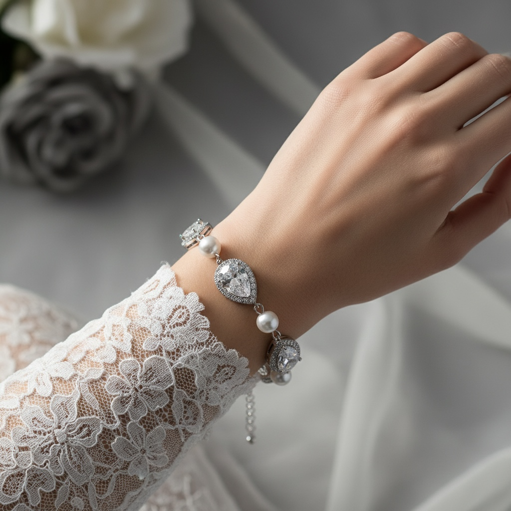 CUBIC ZIRCONIA COLLECTION - EXQUISITE PEARL BRACELET - SILVER -BR121