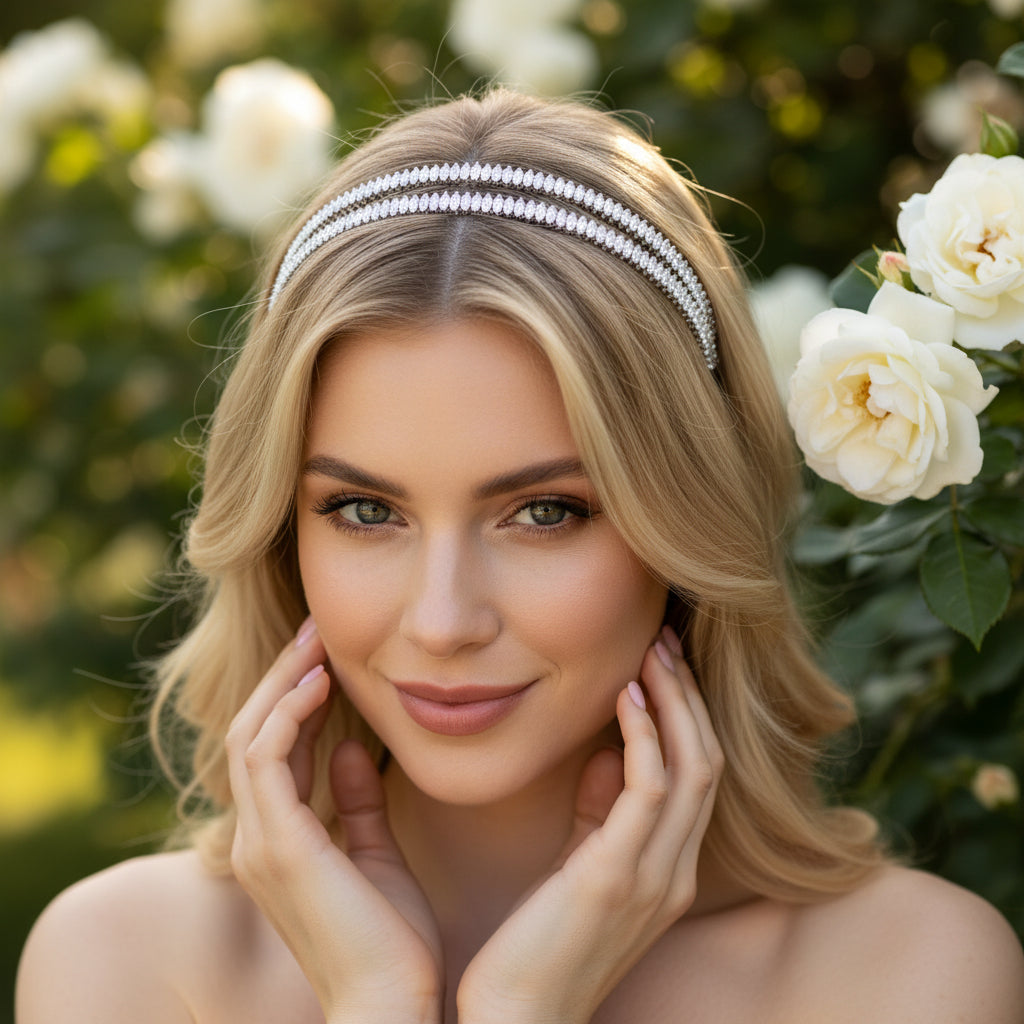CUBIC ZIRCONIA COLLECTION - SIMULATED DIAMOND HEADBAND - DOUBLE -AHB84