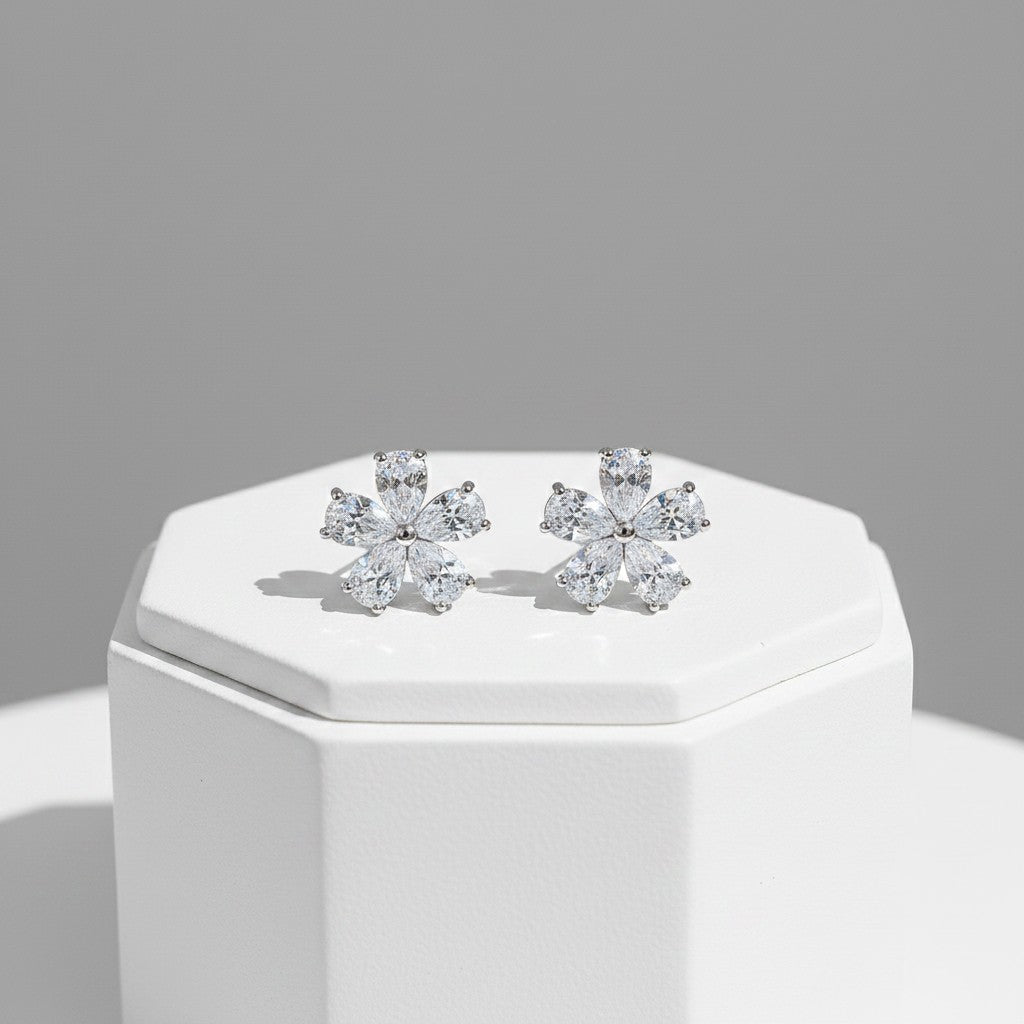 CUBIC ZIRCONIA COLLECTION - DECO FLORAL STUDS - SILVER CZER579