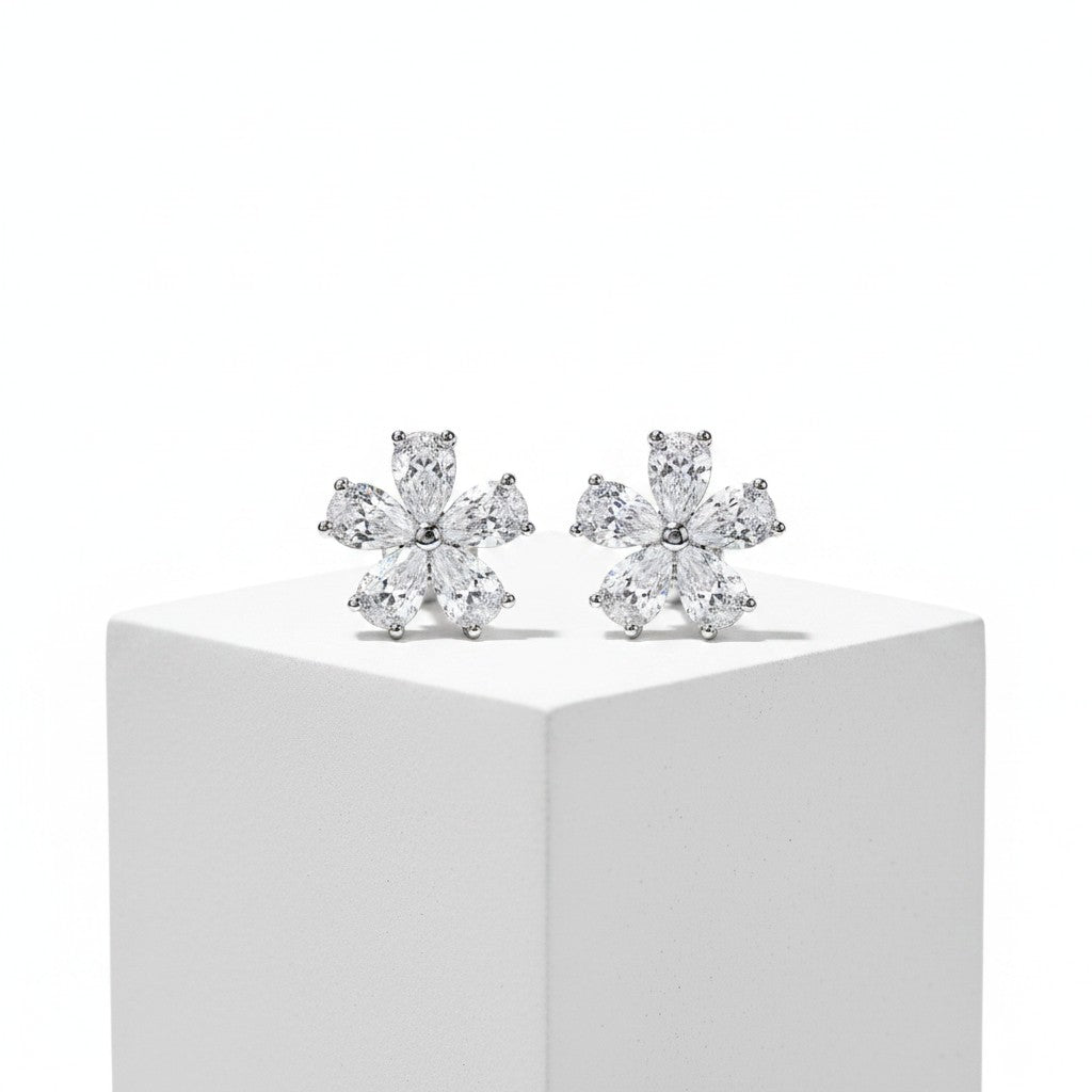 CUBIC ZIRCONIA COLLECTION - DECO FLORAL STUDS - SILVER CZER579