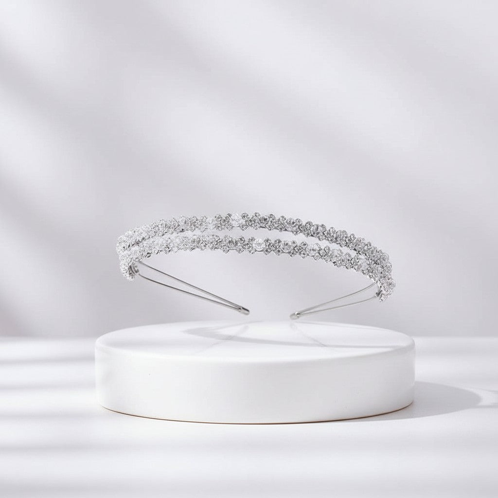 ATHENA COLLECTION - CRYSTAL EMBELLISHED DOUBLE  HEADBAND - SILVER AHB95