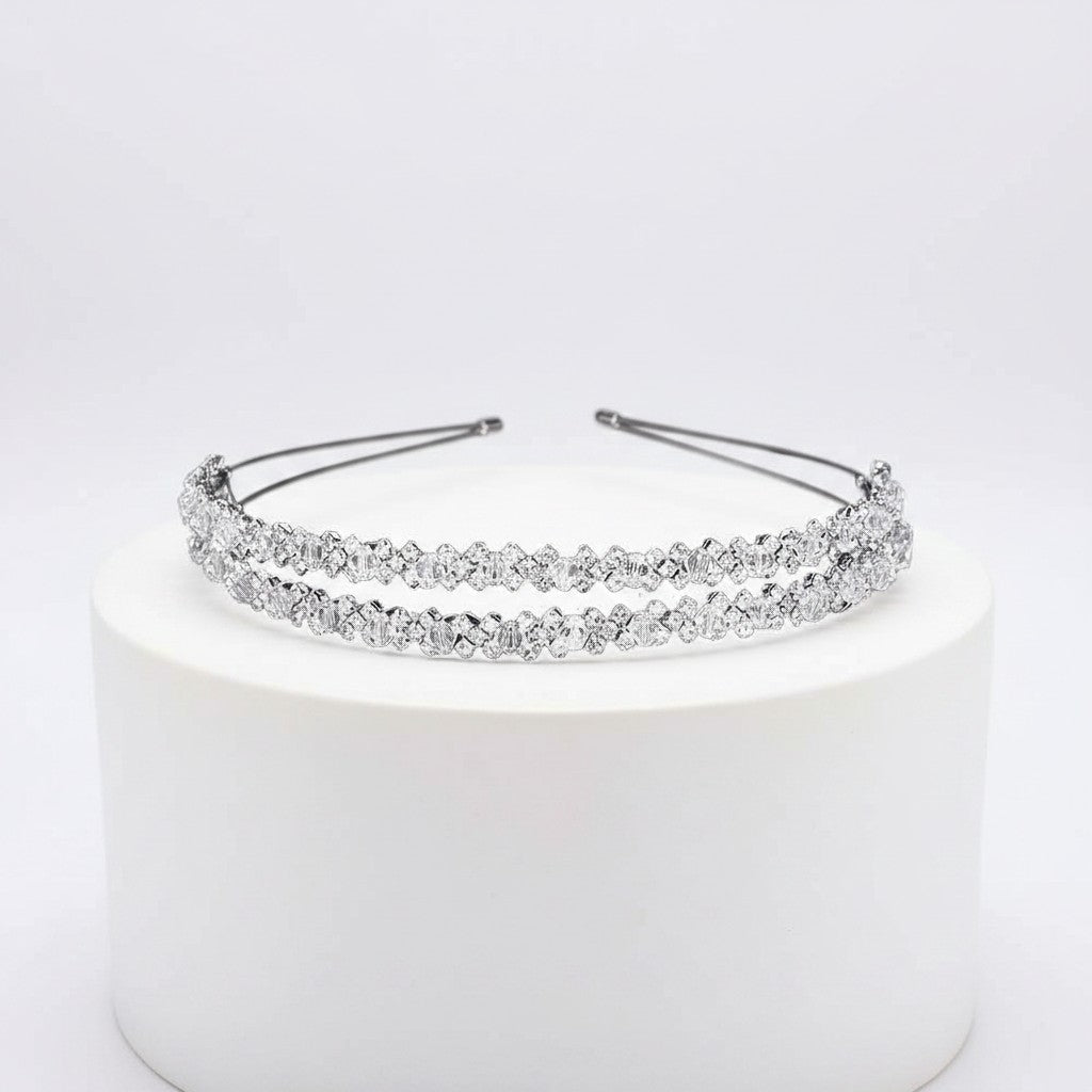 ATHENA COLLECTION - CRYSTAL EMBELLISHED DOUBLE  HEADBAND - SILVER AHB95