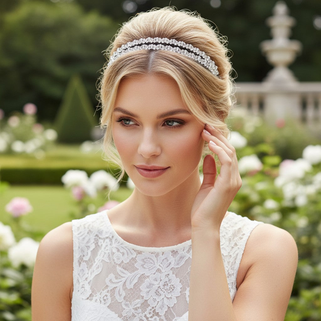 ATHENA COLLECTION - CRYSTAL EMBELLISHED DOUBLE  HEADBAND - SILVER AHB95