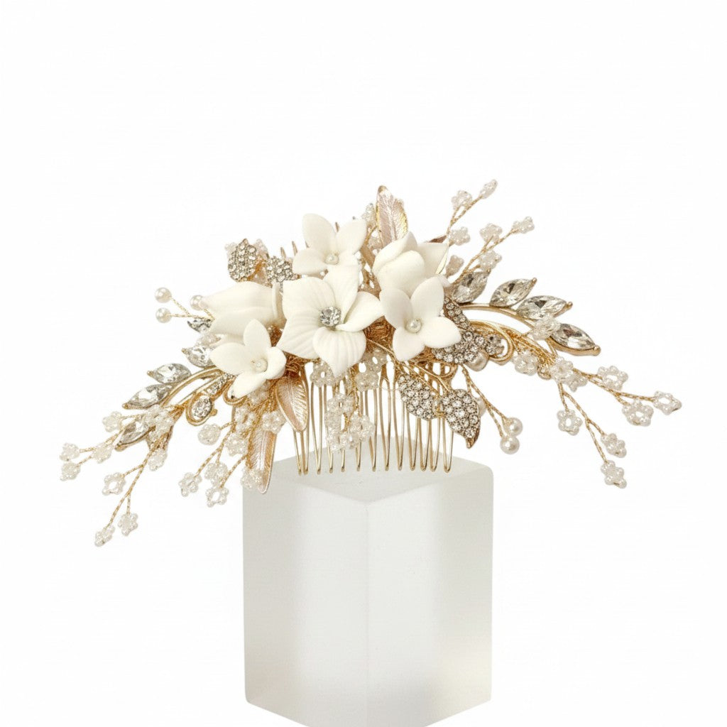 ATHENA COLLECTION -EXQUISITE FLORAL EMBELLISHED HAIR COMB - GOLD- HC173