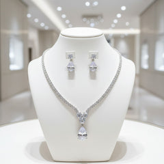 CUBIC ZIRCONIA COLLECTION - TREASURE GEM NECKLACE SET - NK132 SILVER