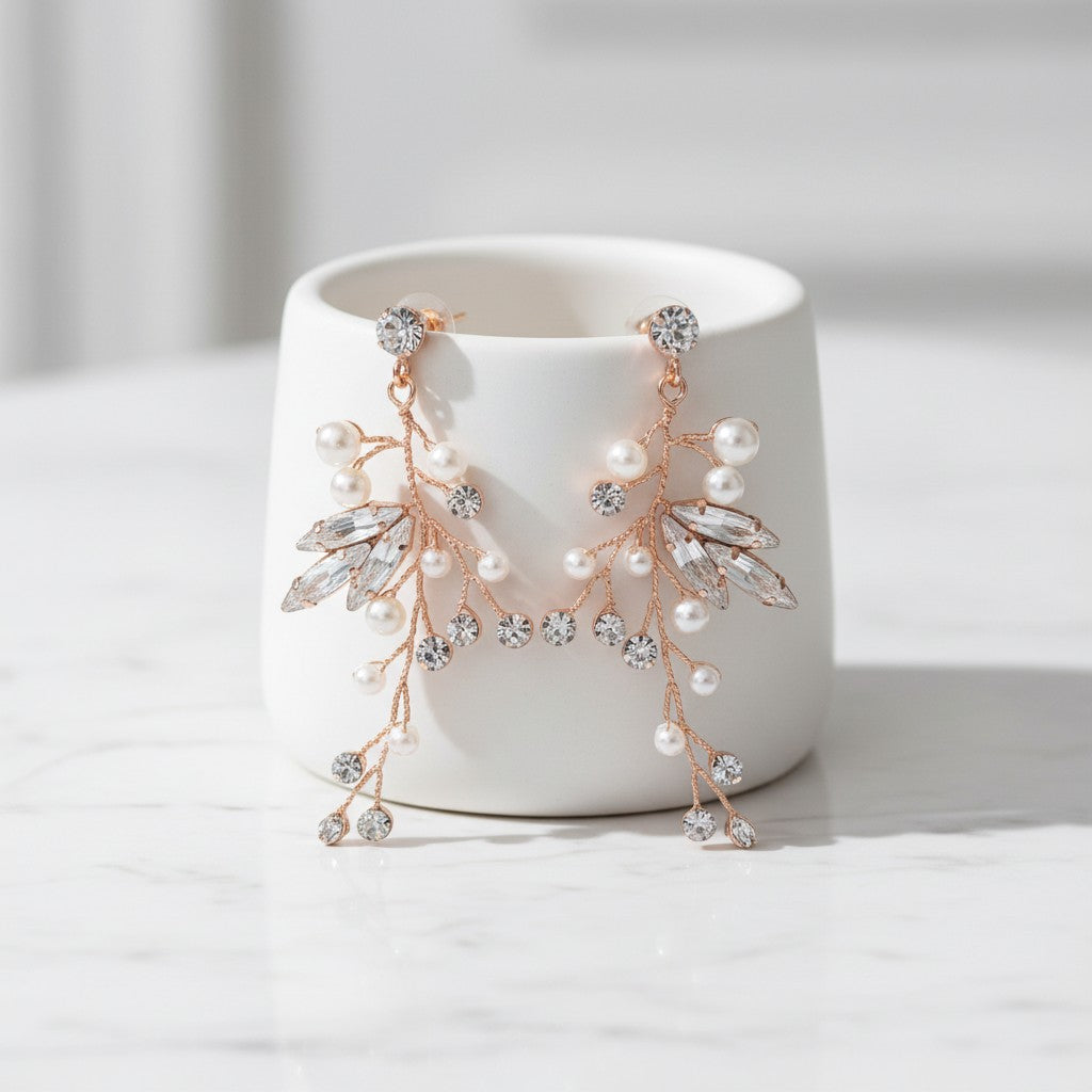 ATHENA COLLECTION - CASCADES OF PEARL EARRINGS - CZER583 ROSE GOLD
