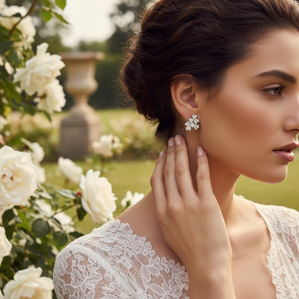 CUBIC ZIRCONIA COLLECTION - CHIC FLORAL CLUSTER EARRINGS - CZER585 SILVER