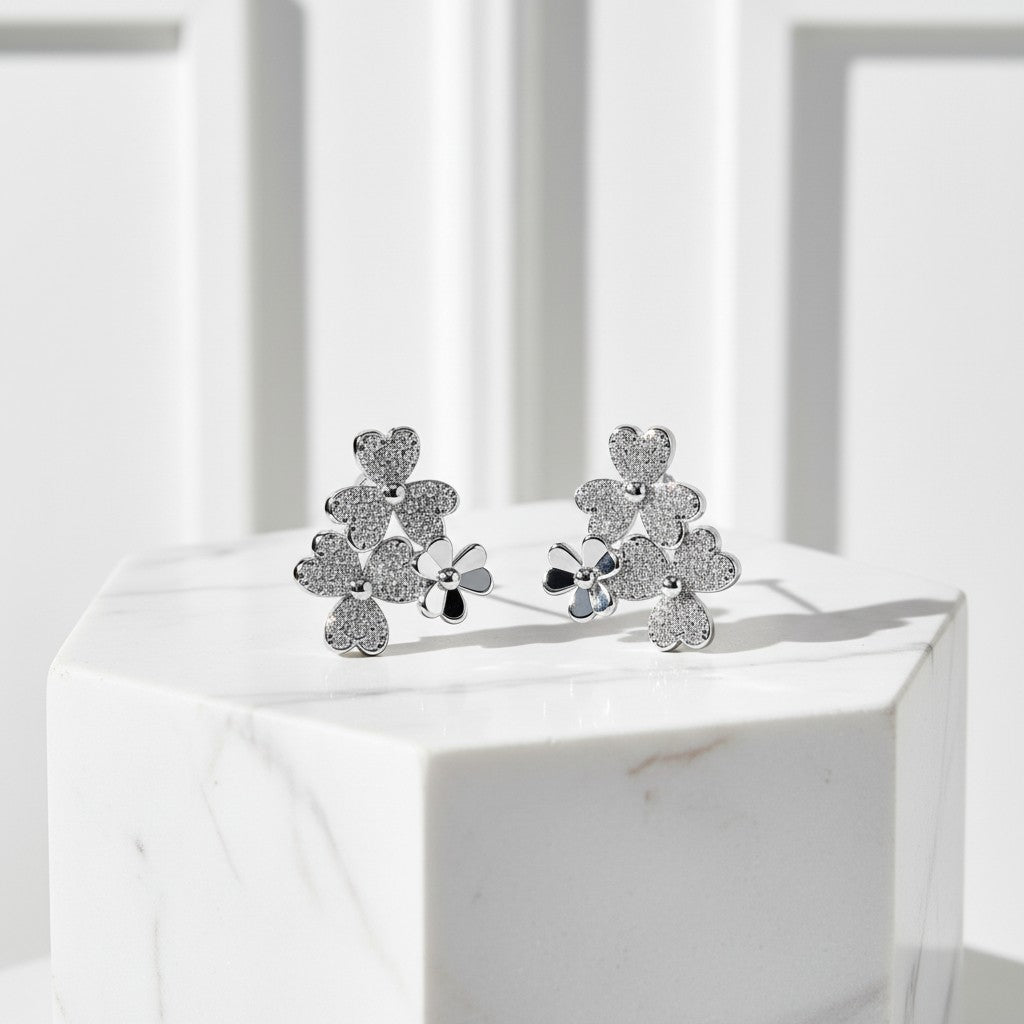 CUBIC ZIRCONIA COLLECTION - CHIC FLORAL CLUSTER EARRINGS - CZER585 SILVER