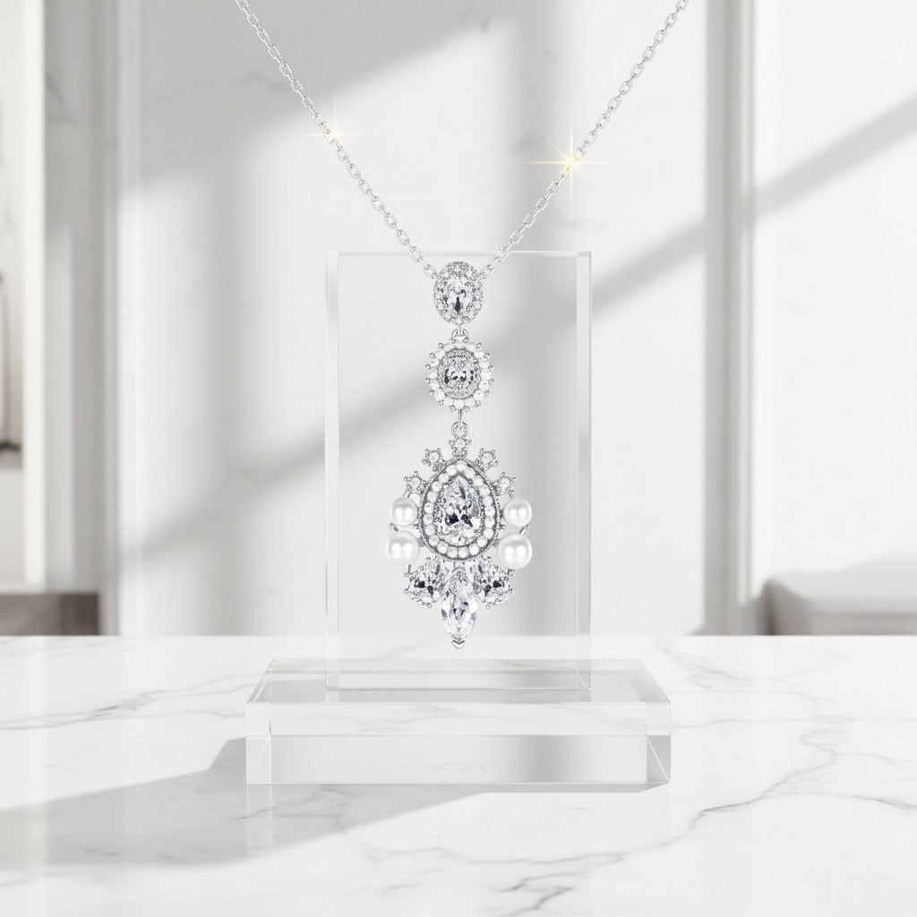 CUBIC ZIRCONIA COLLECTION - PEARL EXTRAVAGANCE NECKLACE - NK135 SILVER