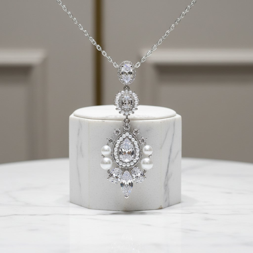 CUBIC ZIRCONIA COLLECTION - PEARL EXTRAVAGANCE NECKLACE - NK135 SILVER