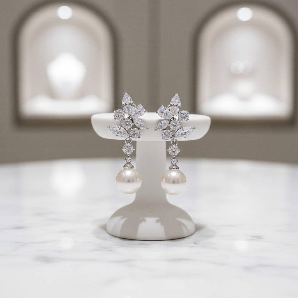 CUBIC ZIRCONIA COLLECTION -ELEGANCE PEARL EARRINGS - CZER588