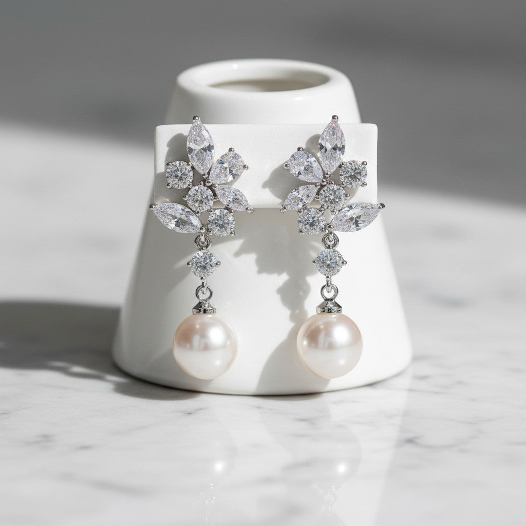 CUBIC ZIRCONIA COLLECTION -ELEGANCE PEARL EARRINGS - CZER588