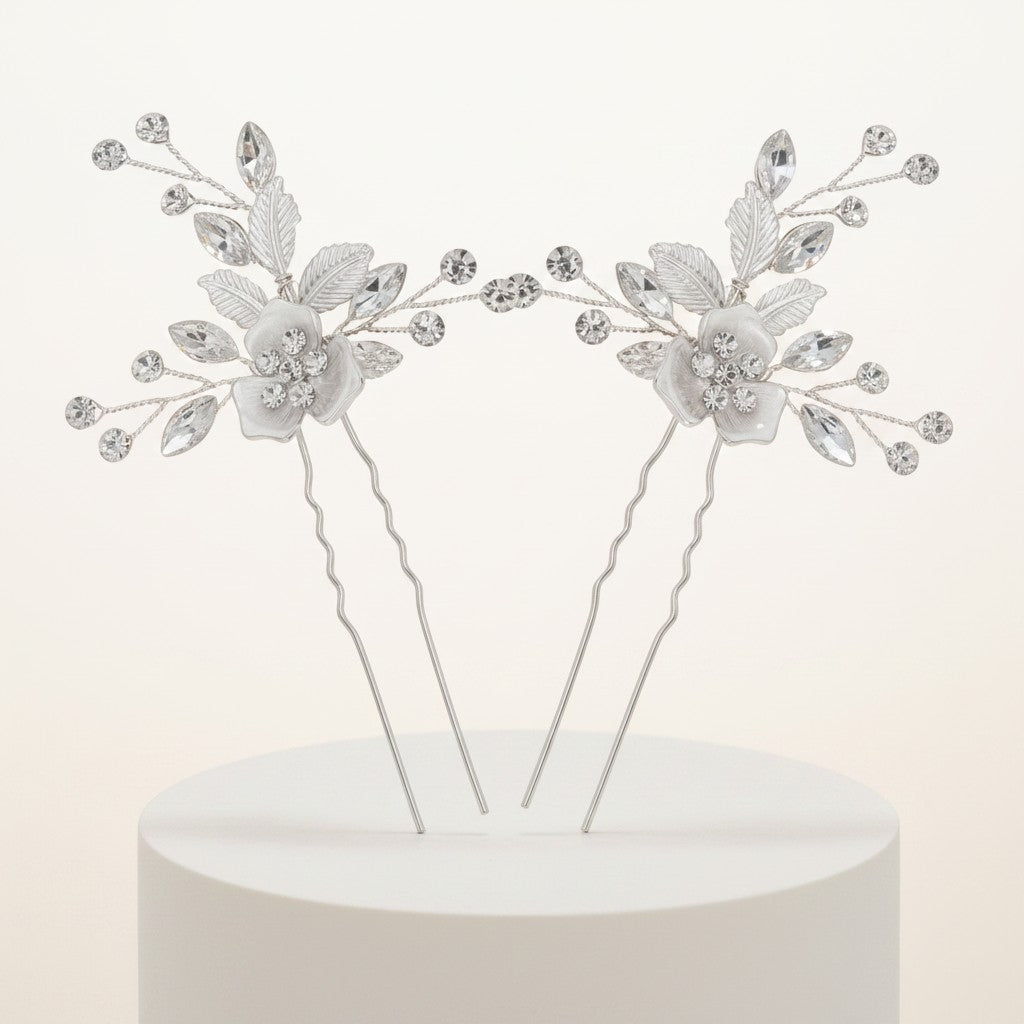 ATHENA COLLECTION - FLORAL ROMANCE HAIR PINS- PIN52 SILVER (PAIR)