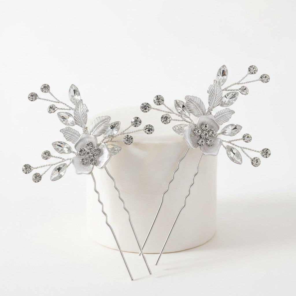 ATHENA COLLECTION - FLORAL ROMANCE HAIR PINS- PIN52 SILVER (PAIR)