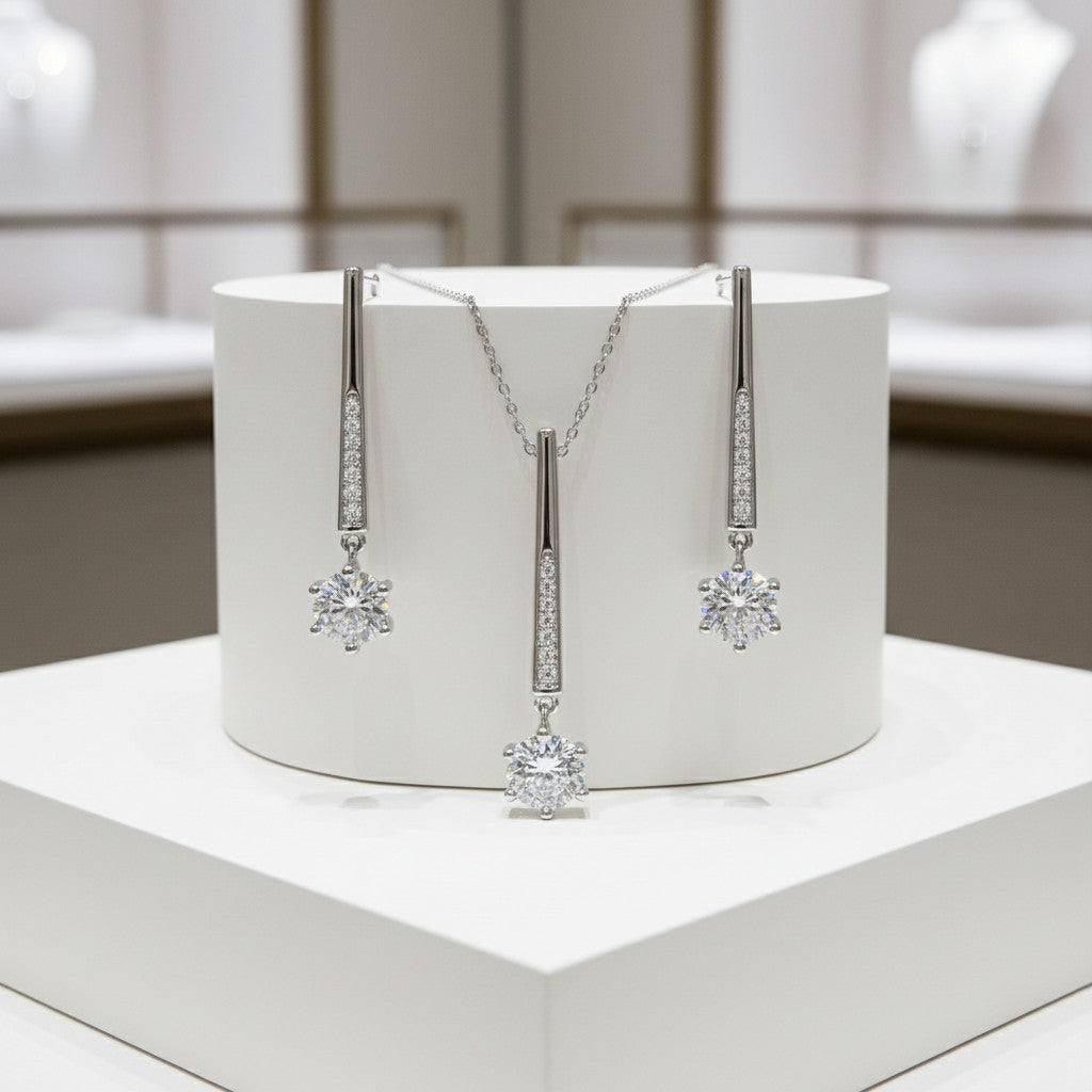 CUBIC ZIRCONIA COLLECTION - SHIMMER DROP NECKLACE SET - NK137 SILVER
