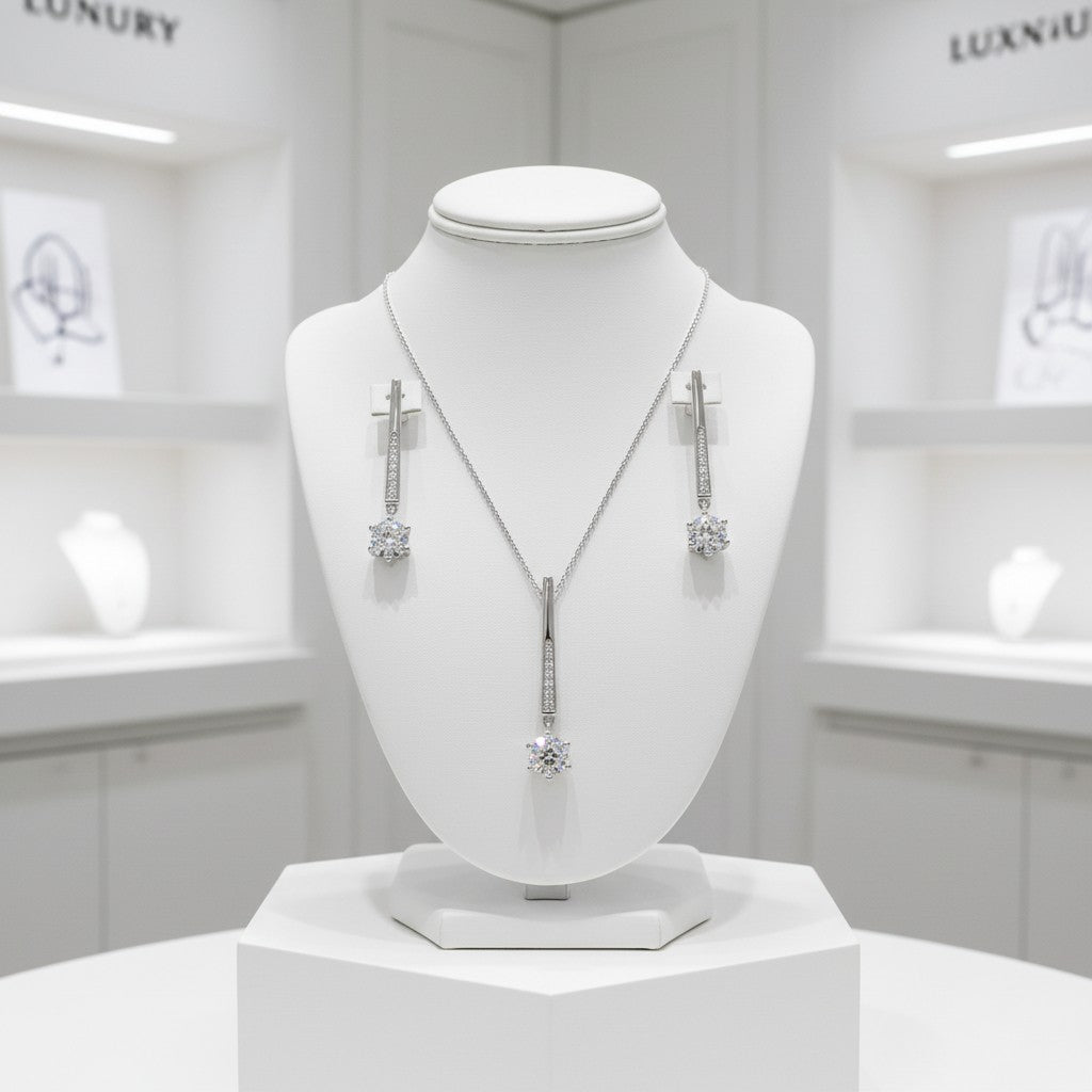 CUBIC ZIRCONIA COLLECTION - SHIMMER DROP NECKLACE SET - NK137 SILVER