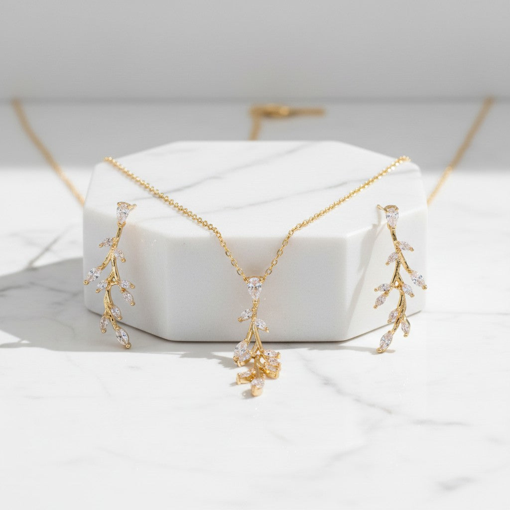 CUBIC ZIRCONIA COLLECTION - DAINTY VINE NECKLACE SET - NK138 GOLD