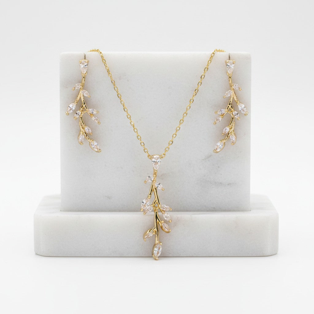 CUBIC ZIRCONIA COLLECTION - DAINTY VINE NECKLACE SET - NK138 GOLD