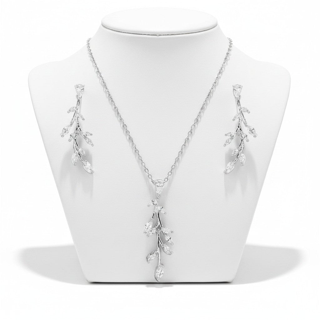 CUBIC ZIRCONIA COLLECTION - DAINTY VINE NECKLACE SET - NK138 SILVER