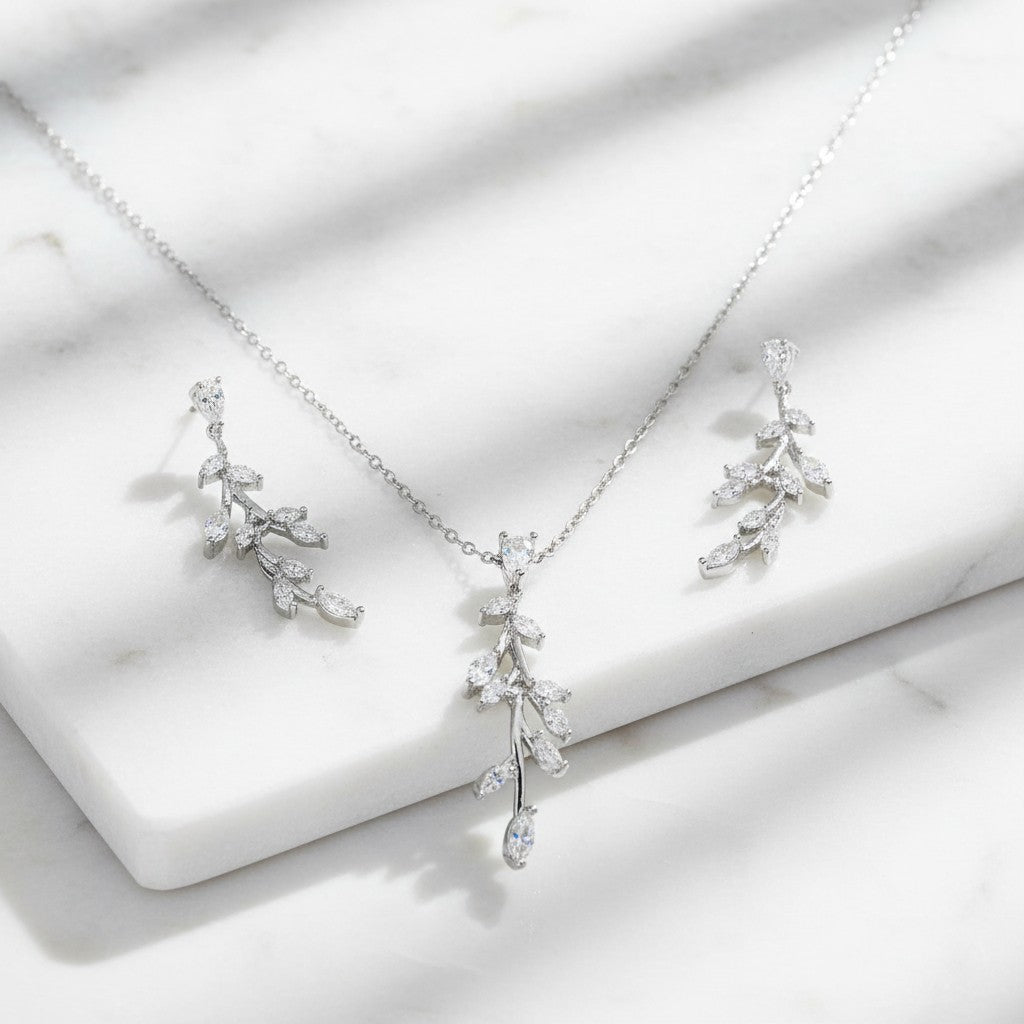 CUBIC ZIRCONIA COLLECTION - DAINTY VINE NECKLACE SET - NK138 SILVER