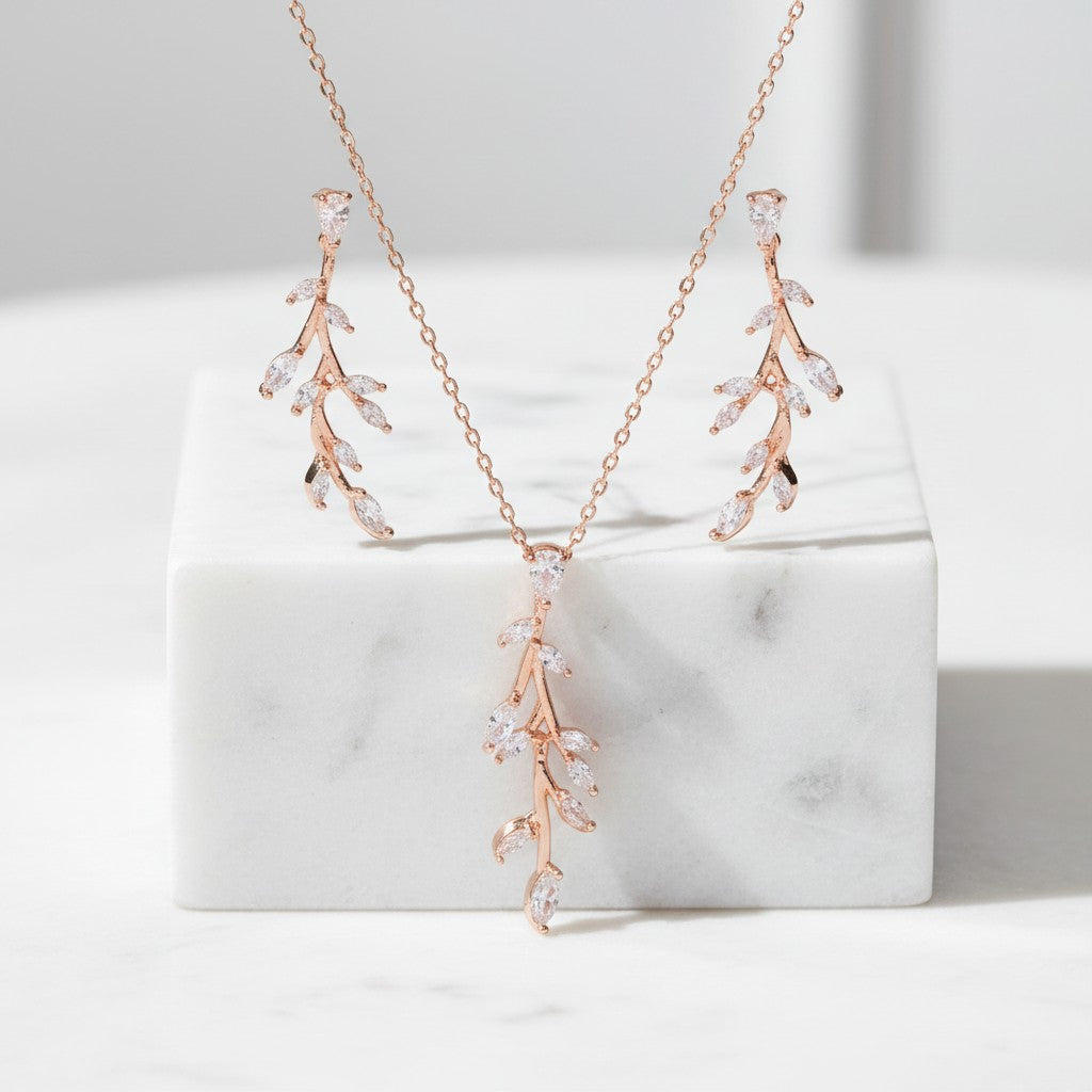 CUBIC ZIRCONIA COLLECTION - DAINTY VINE NECKLACE SET - NK138 ROSE GOLD