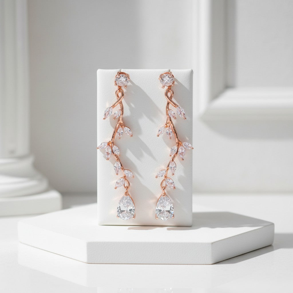 CUBIC ZIRCONIA COLLECTION - DIVINE CRYSTAL VINE EARRINGS - CZER593 ROSE GOLD