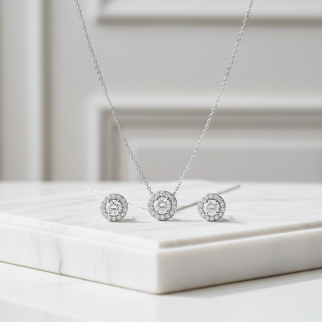 CUBIC ZIRCONIA COLLECTION - DAINTY CRYSTAL SPARKLE NECKLACE SET - CZNK78 SILVER