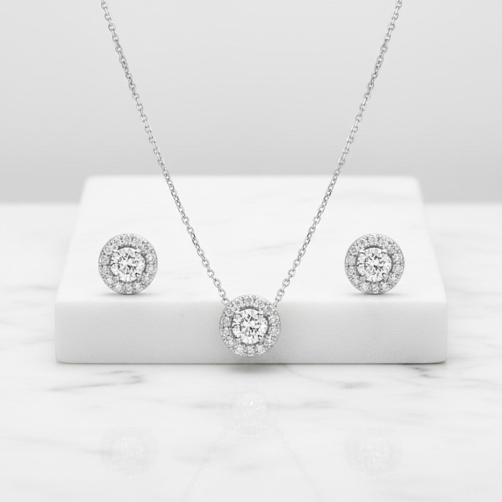 CUBIC ZIRCONIA COLLECTION - DAINTY CRYSTAL SPARKLE NECKLACE SET - CZNK78 SILVER