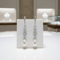 CUBIC ZIRCONIA COLLECTION - GRACEFUL PEARL DROP EARRINGS - CZER596 SILVER