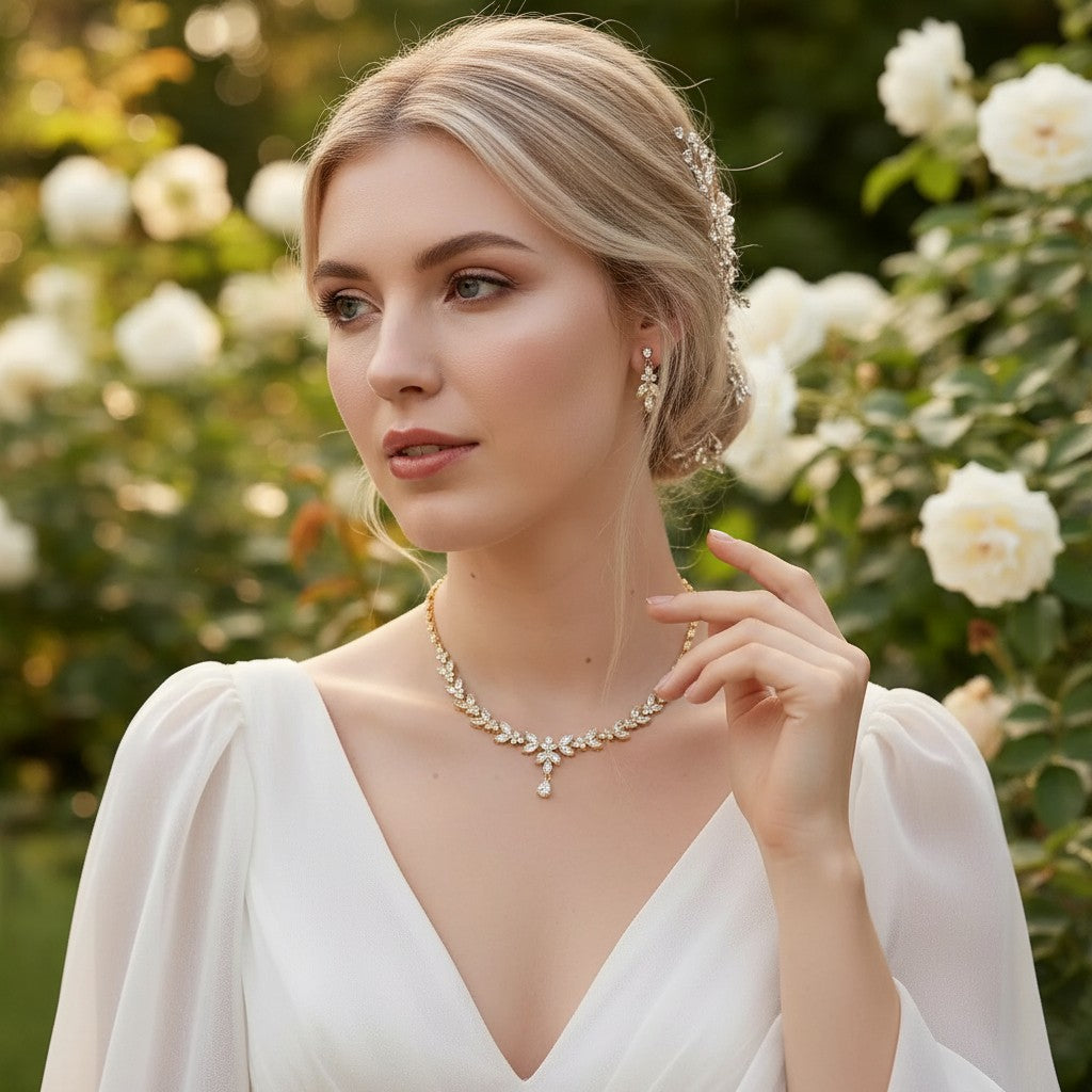 CUBIC ZIRCONIA COLLECTION - EXQUISITE SPARKLE NECKLACE SET -CZNK46 GOLD