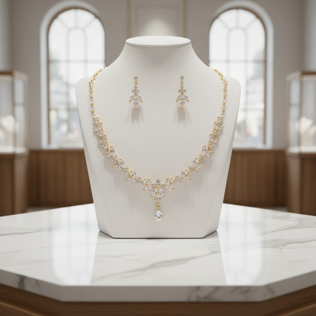 CUBIC ZIRCONIA COLLECTION - EXQUISITE SPARKLE NECKLACE SET -CZNK46 GOLD