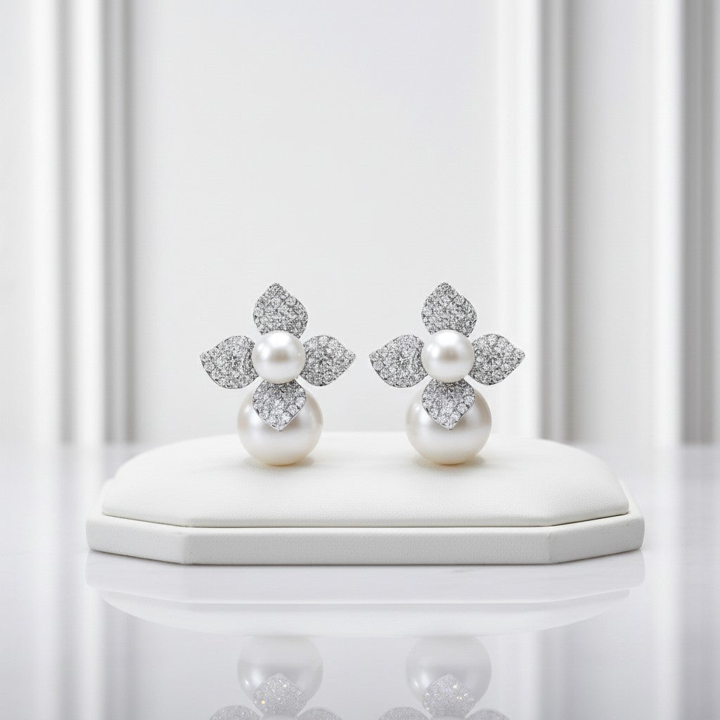CUBIC ZIRCONIA COLLECTION - VINTAGE PEARL EARRINGS - CZER608 SILVER