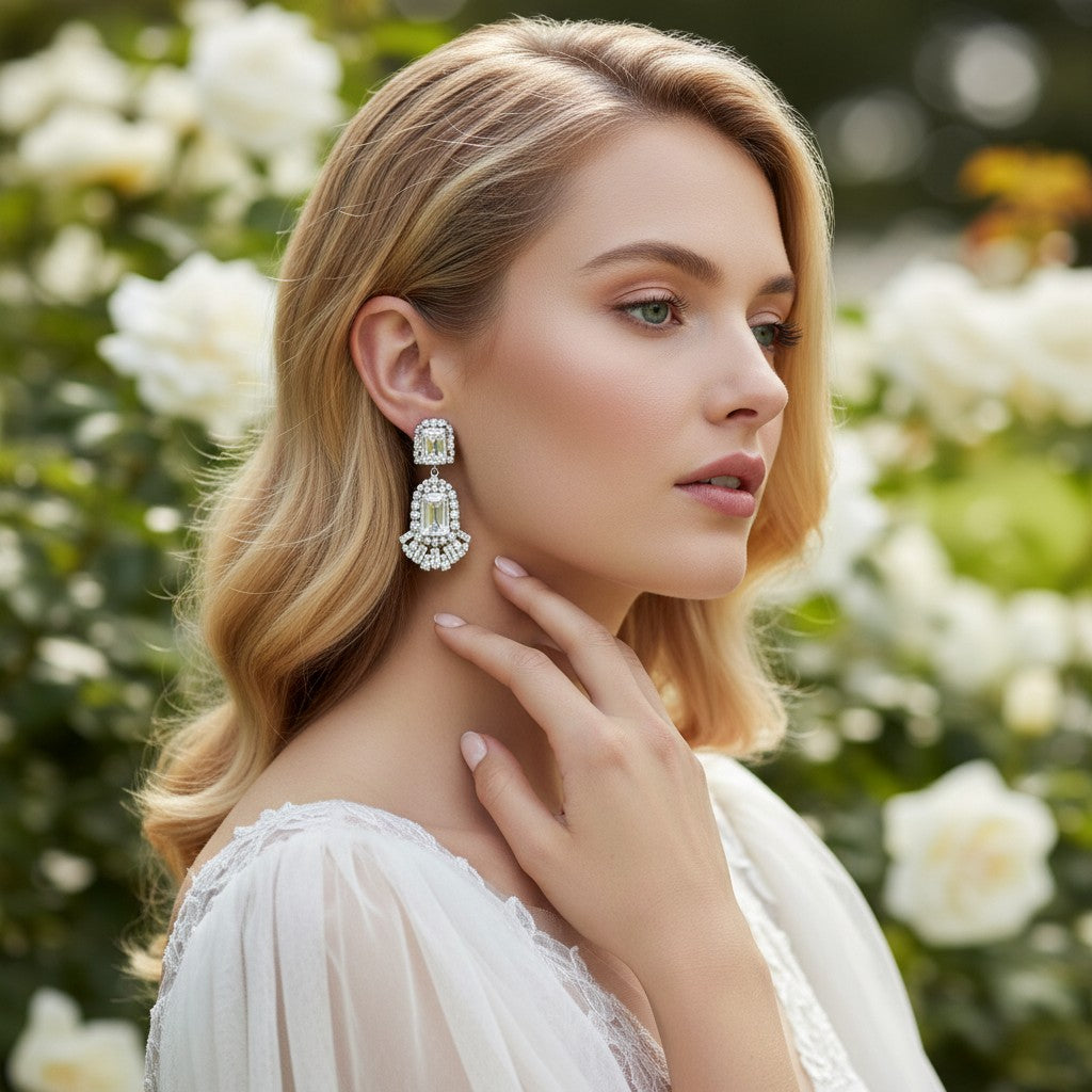 CUBIC ZIRCONIA COLLECTION - GATSBY INSPIRED CHANDELIER EARRINGS - CZER609 SILVER