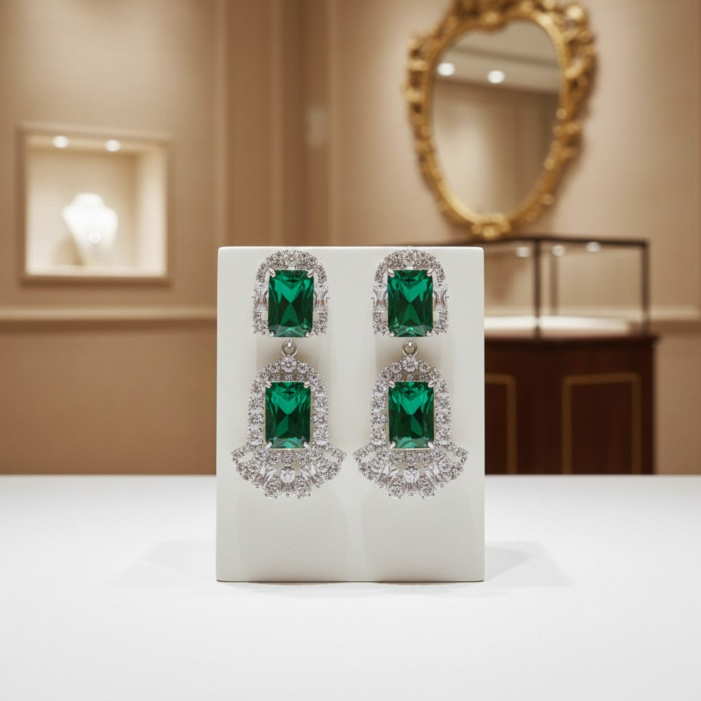 CUBIC ZIRCONIA COLLECTION - GATSBY INSPIRED CHANDELIER EARRINGS - CZER609 EMERALD