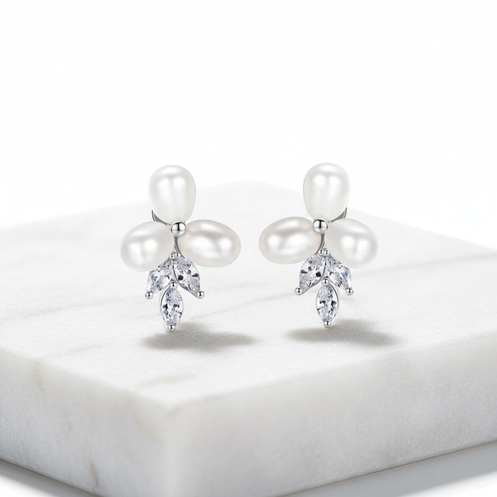 CUBIC ZIRCONIA COLLECTION - DAINTY FRESHWATER PEARL EARRINGS - CZER611
