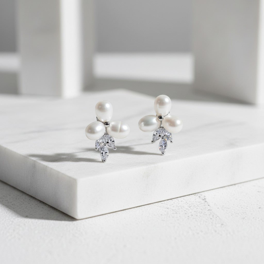 CUBIC ZIRCONIA COLLECTION - DAINTY FRESHWATER PEARL EARRINGS - CZER611