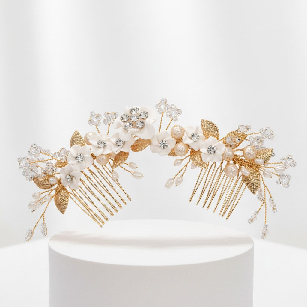 ATHENA COLLECTION - FLORAL JEWELLED HAIR COMB - HC218 GOLD