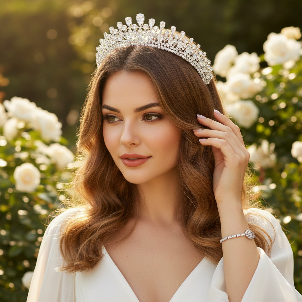 CUBIC ZIRCONIA COLLECTION - BEJEWELLED DECO TIARA - AHB113