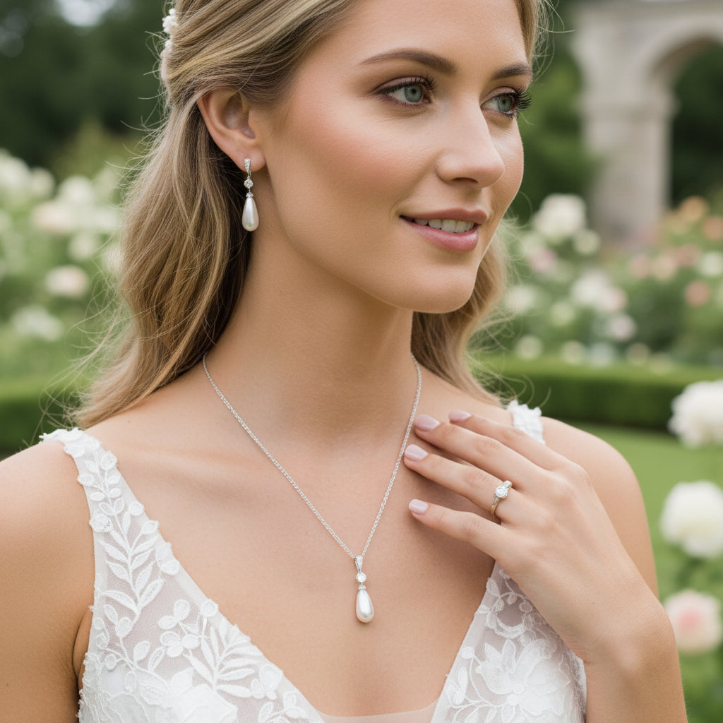 ATHENA COLLECTION - CHIC PEARL DROP NECKLACE SET - CZNK149 SILVER