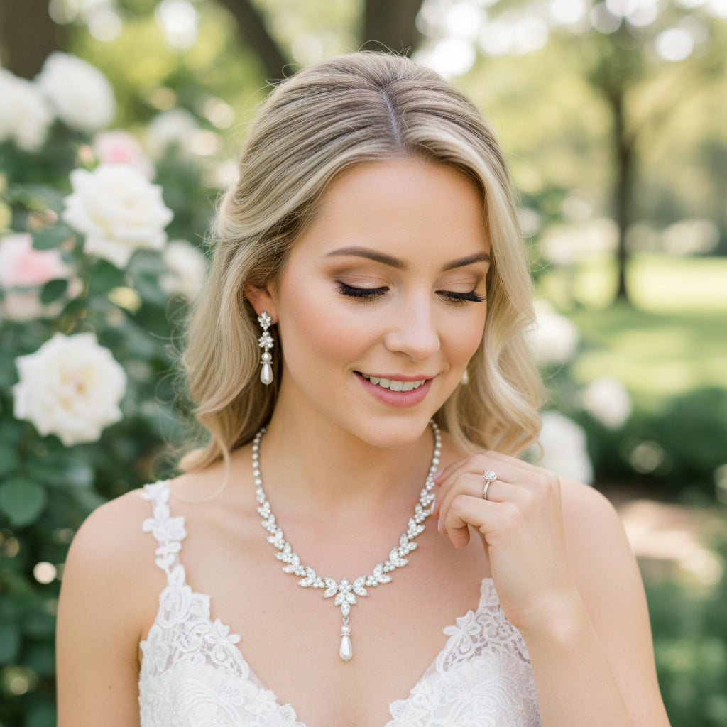 CUBIC ZIRCONIA COLLECTION - VINTAGE STARLET NECKLACE SET - CZNK 153 SILVER