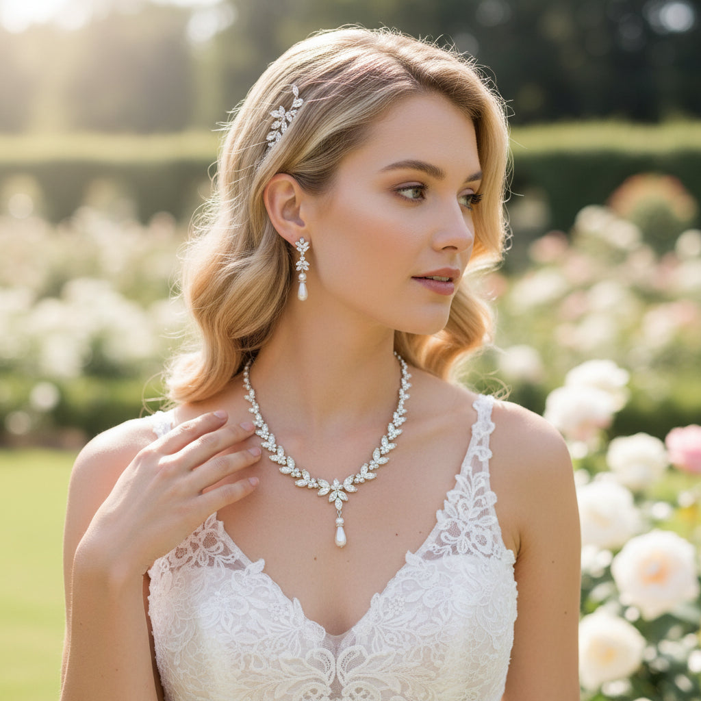 CUBIC ZIRCONIA COLLECTION - VINTAGE STARLET NECKLACE SET - CZNK 153 SILVER