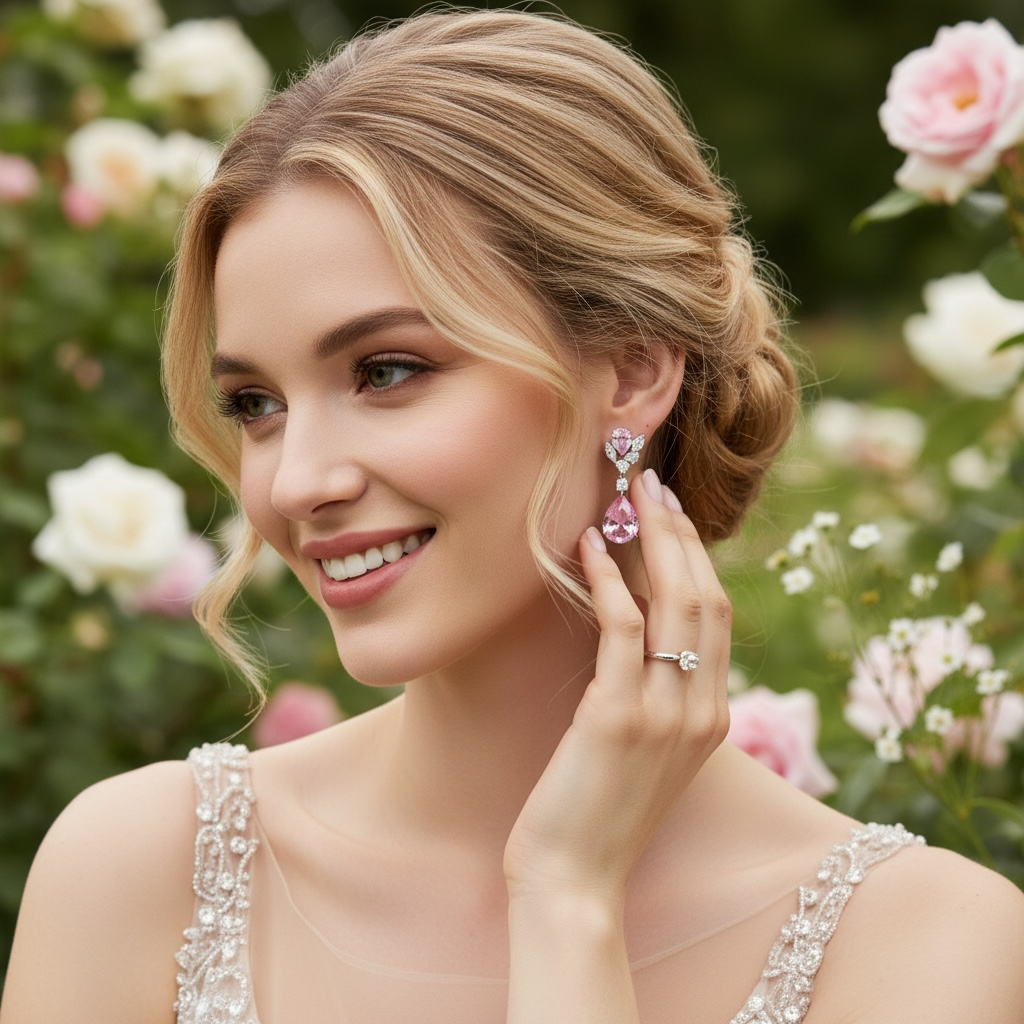 CUBIC ZIRCONIA COLLECTION - DAINTY DIAMOND DROP EARRINGS - CZER621PINK